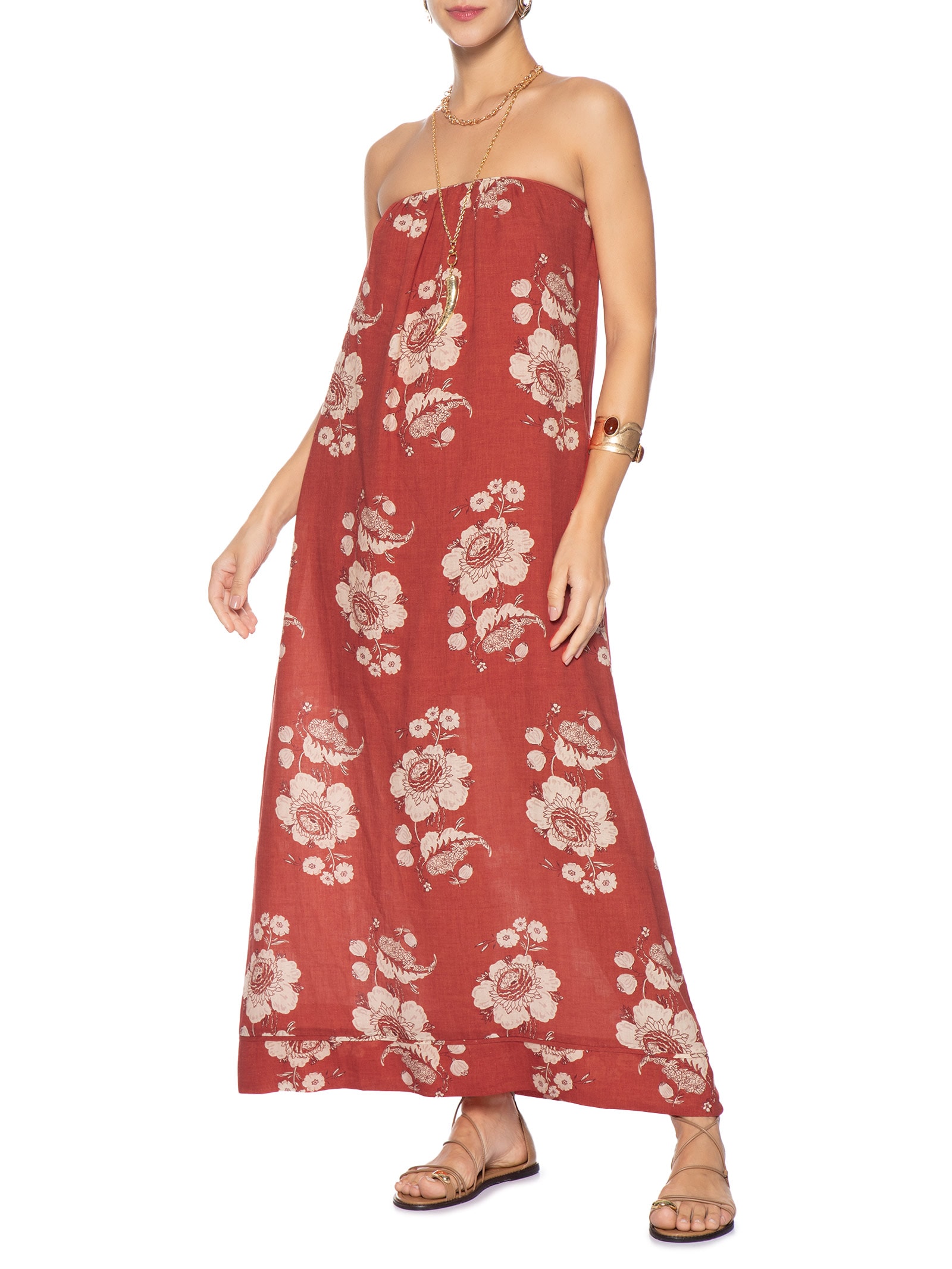Vestido Sem Alça Estampa Fleur A Vermelho Maria Filó