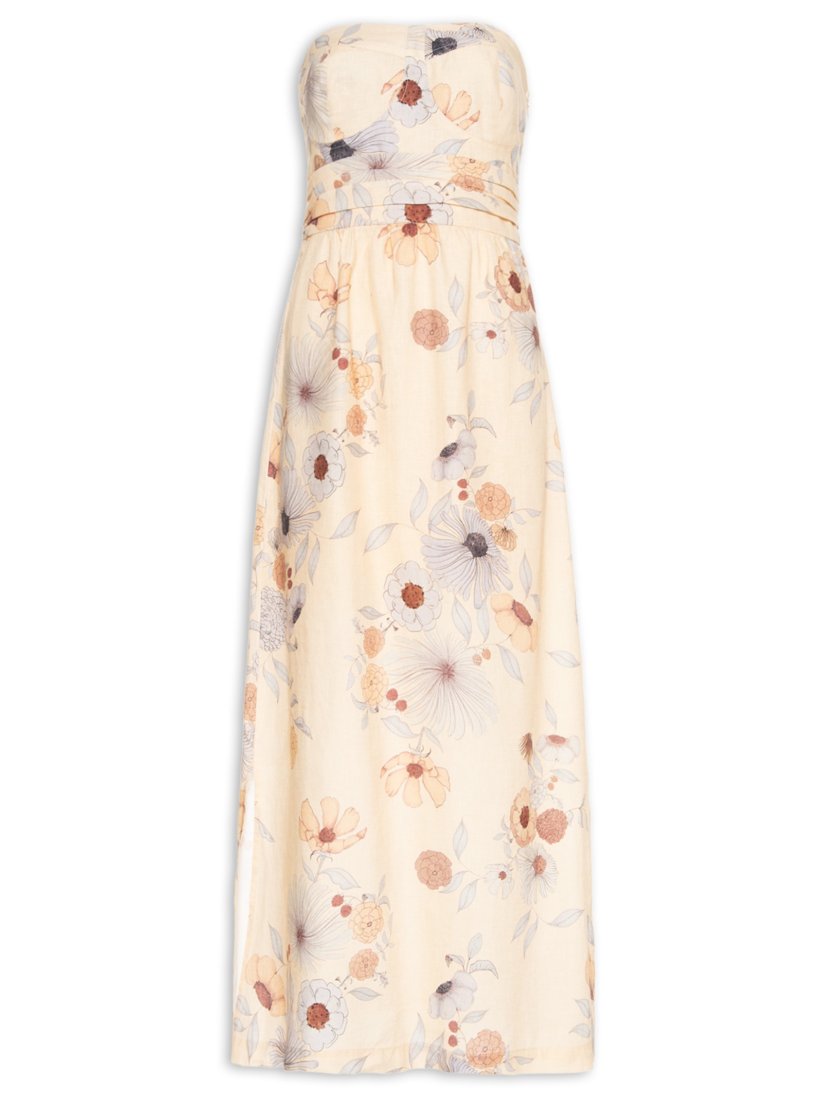 Vestido Sem Alça Linho Estampa Fleur Bege Maria Filó