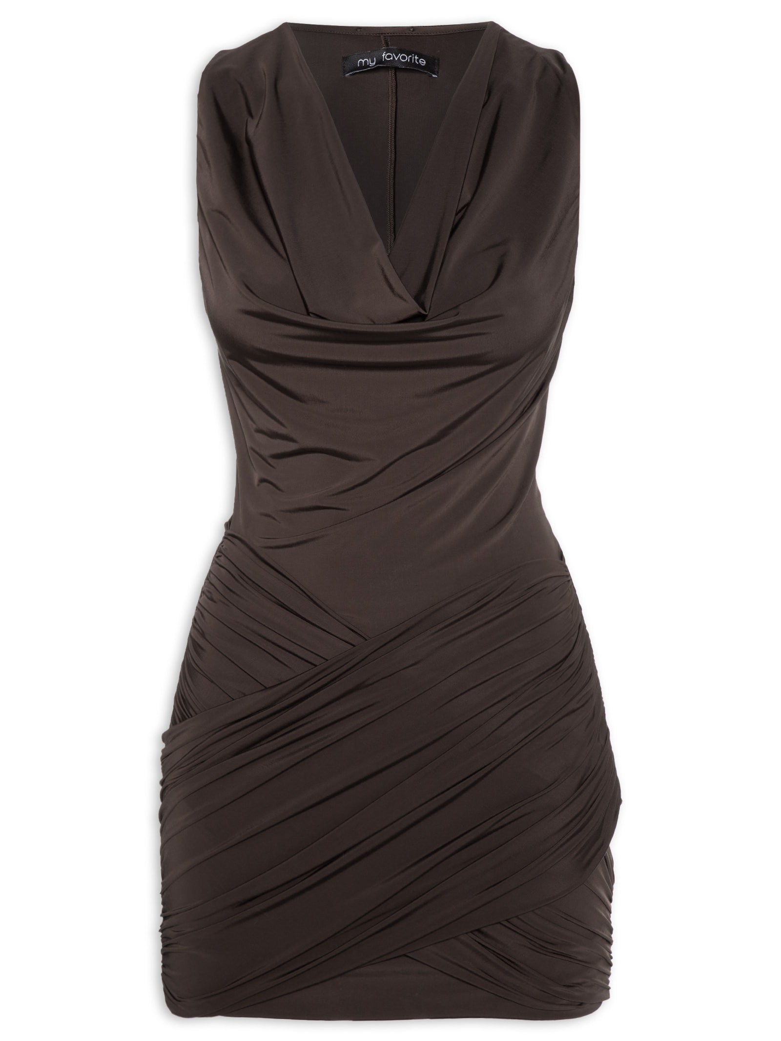 Vestido Sem Manga Curto Drapeado Marrom My Favorite