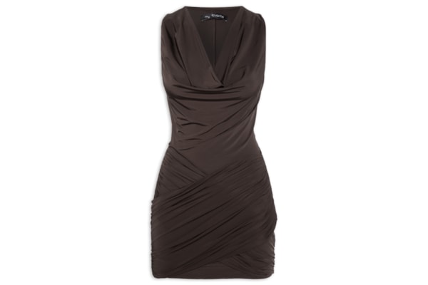 Vestido Sem Manga Curto Drapeado - Marrom