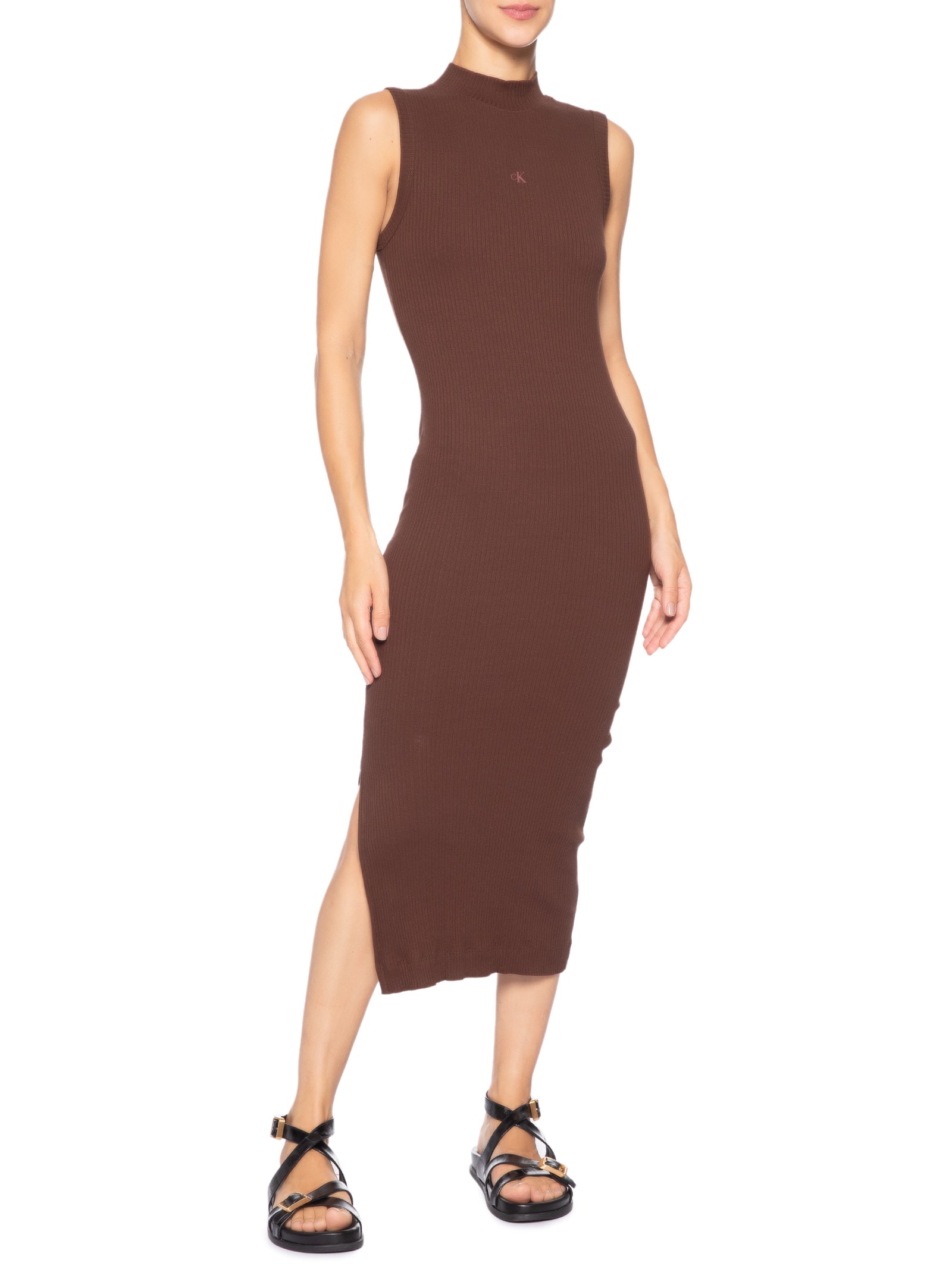 Vestido Sem Manga Gola Alta Marrom Calvin Klein Jeans