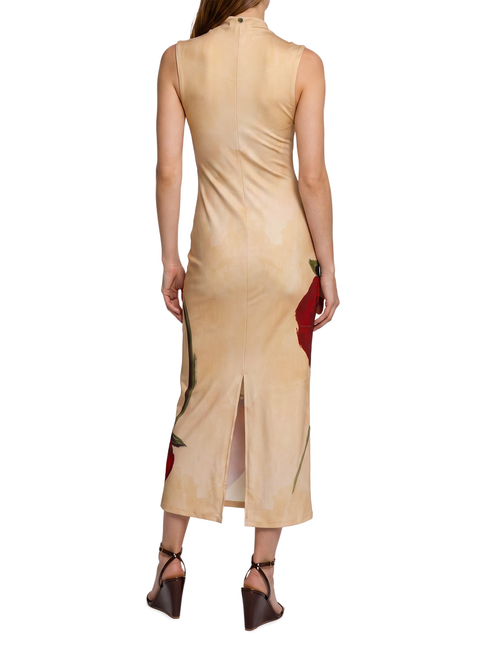 Vestido Sem Manga Midi De Malha Bege Lança Perfume