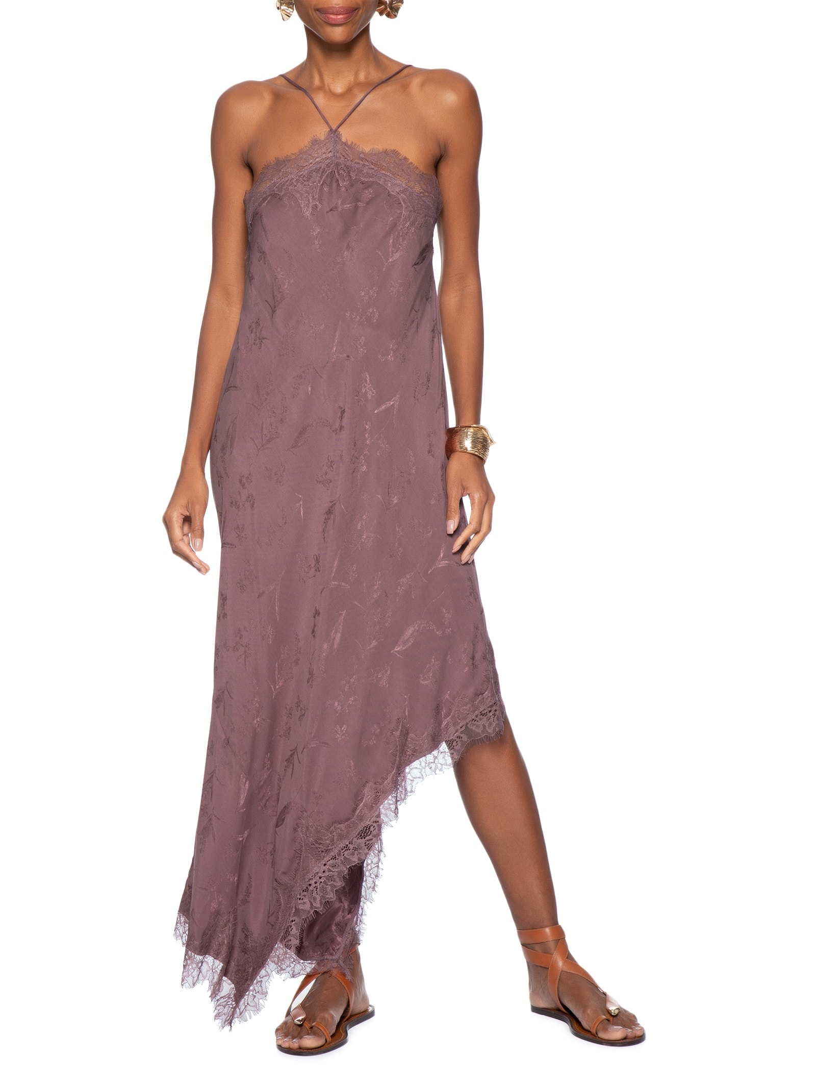 Vestido Slip Jacquard Taupe Marrom Animale