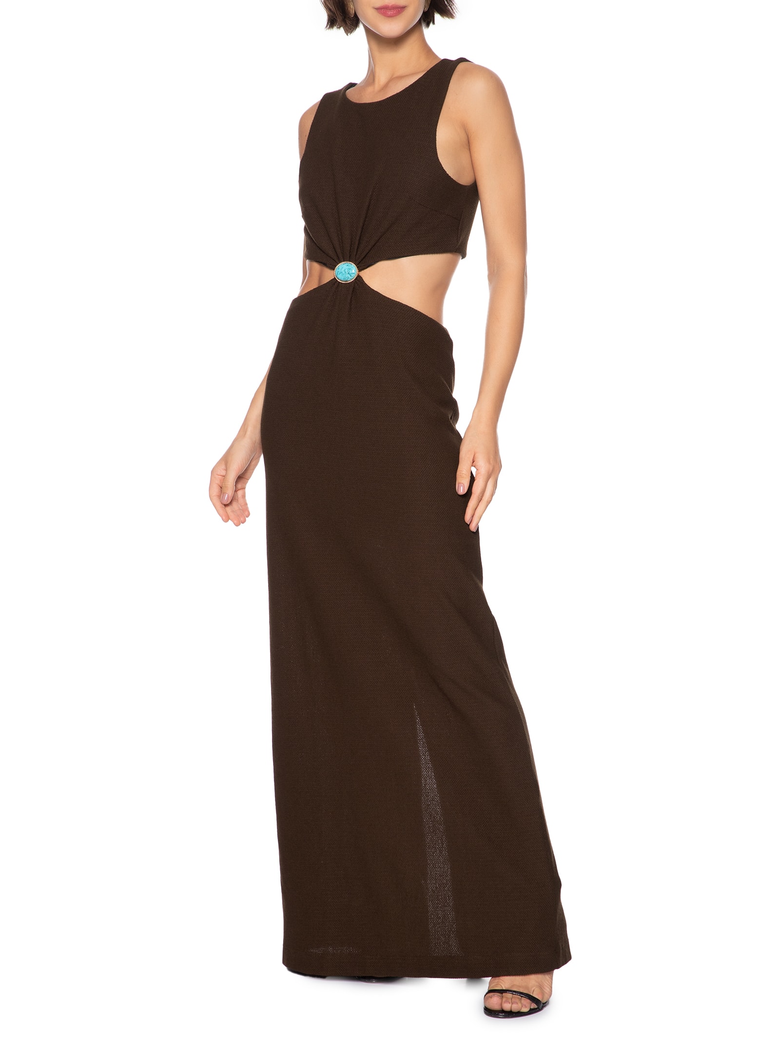 Vestido Super Longo Sem Manga Marrom Lança Perfume