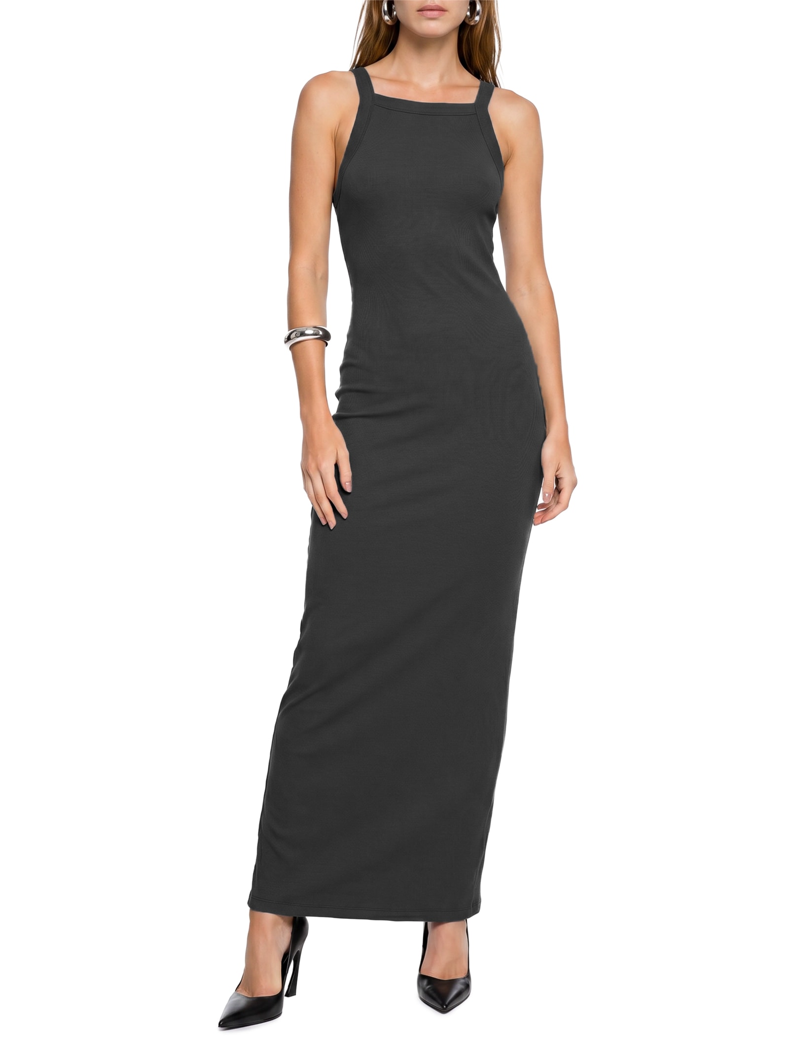 Vestido Super Midi de Alças Canelado – Preto My Favorite