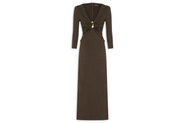 Vestido Super Midi Decote Com Metal - Marrom