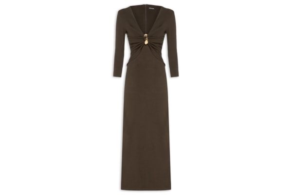 Vestido Super Midi Decote Com Metal - Marrom
