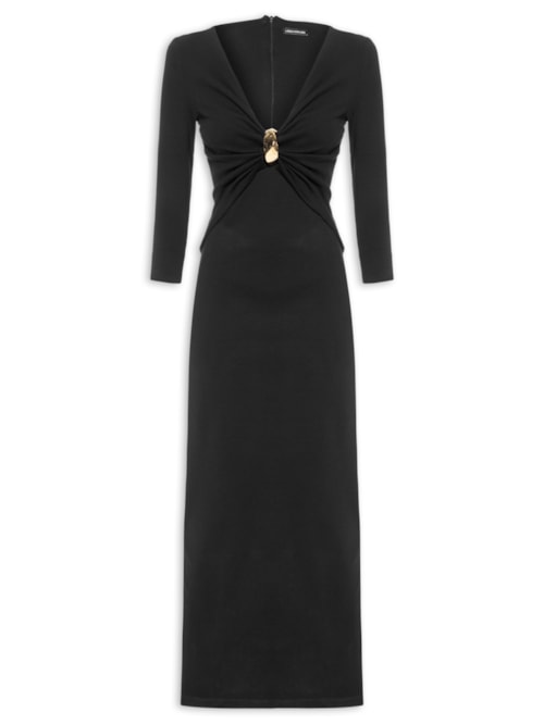 Vestido Super Midi Decote Com Metal - Preto