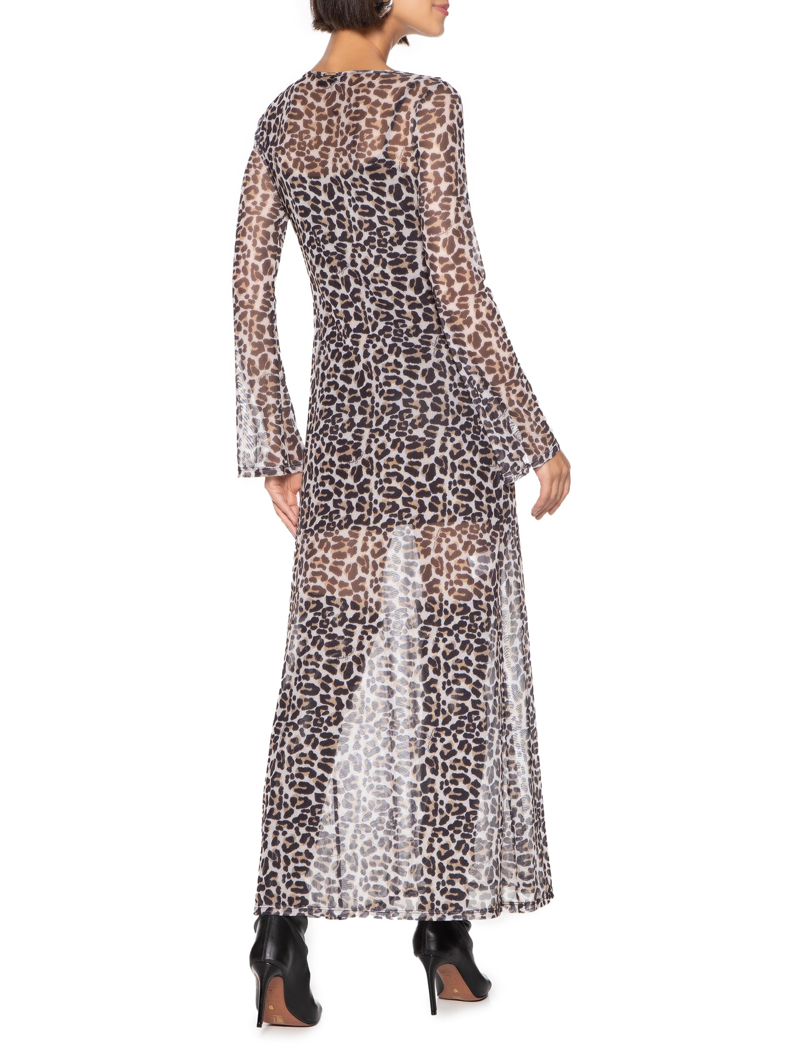 Animal Print Vestido Curto Manga Longa Flare Lança Perfume Vestido