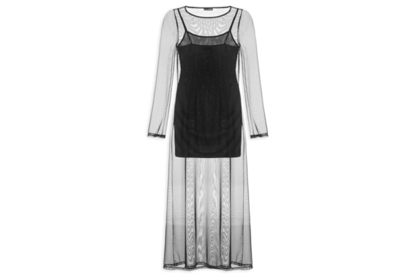 Vestido Super Midi Manga Longa De Tule - Preto