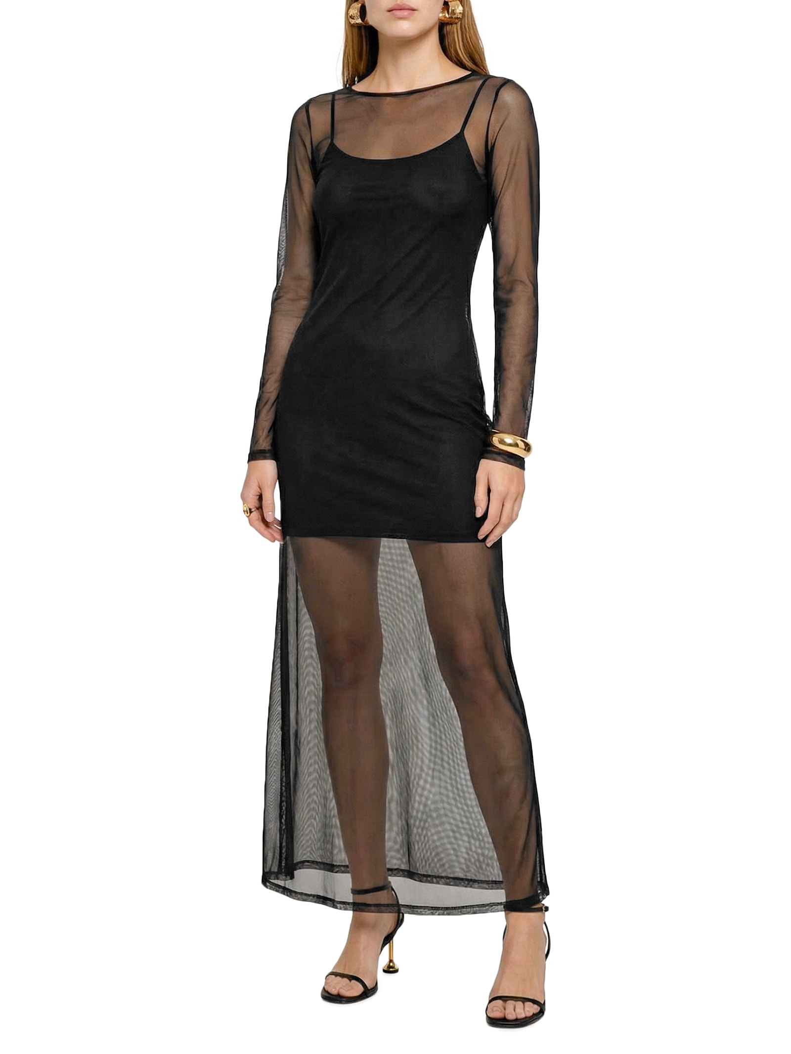 Vestido Super Midi Manga Longa De Tule Preto Lança Perfume