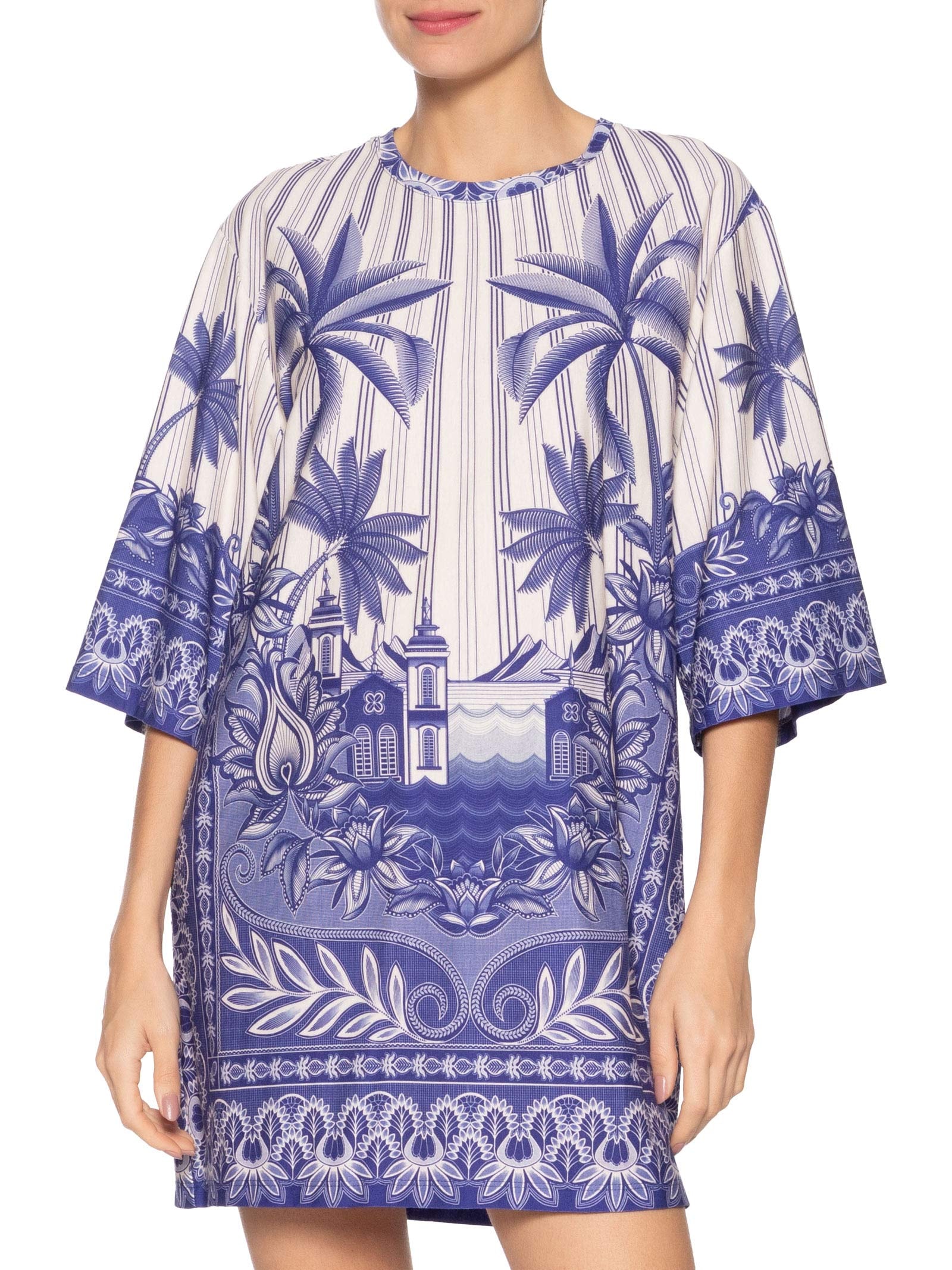 Vestido T-Shirt Big Afeto Tropical Branco Farm