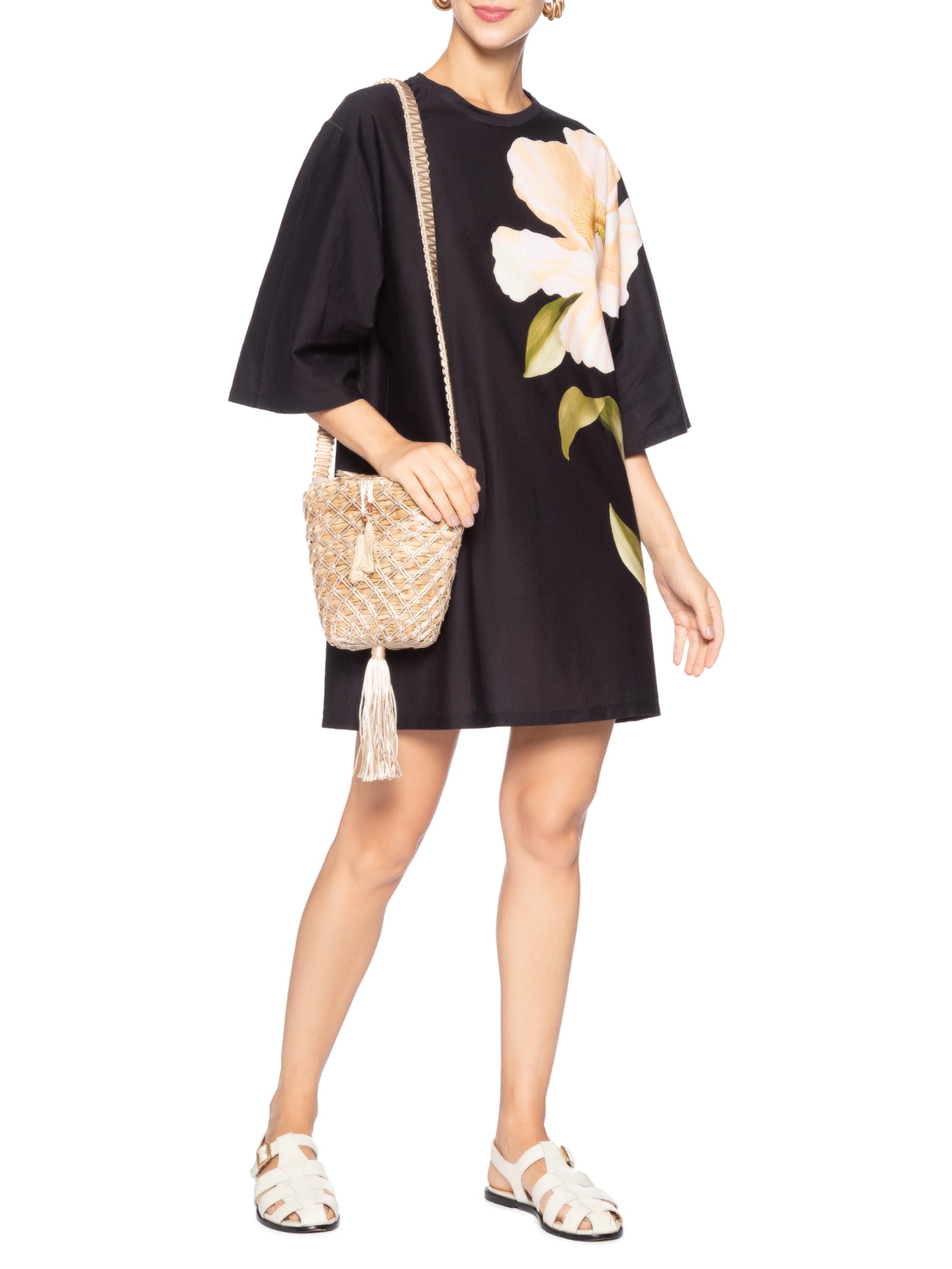 Vestido T-Shirt Big Papoula Preto Farm