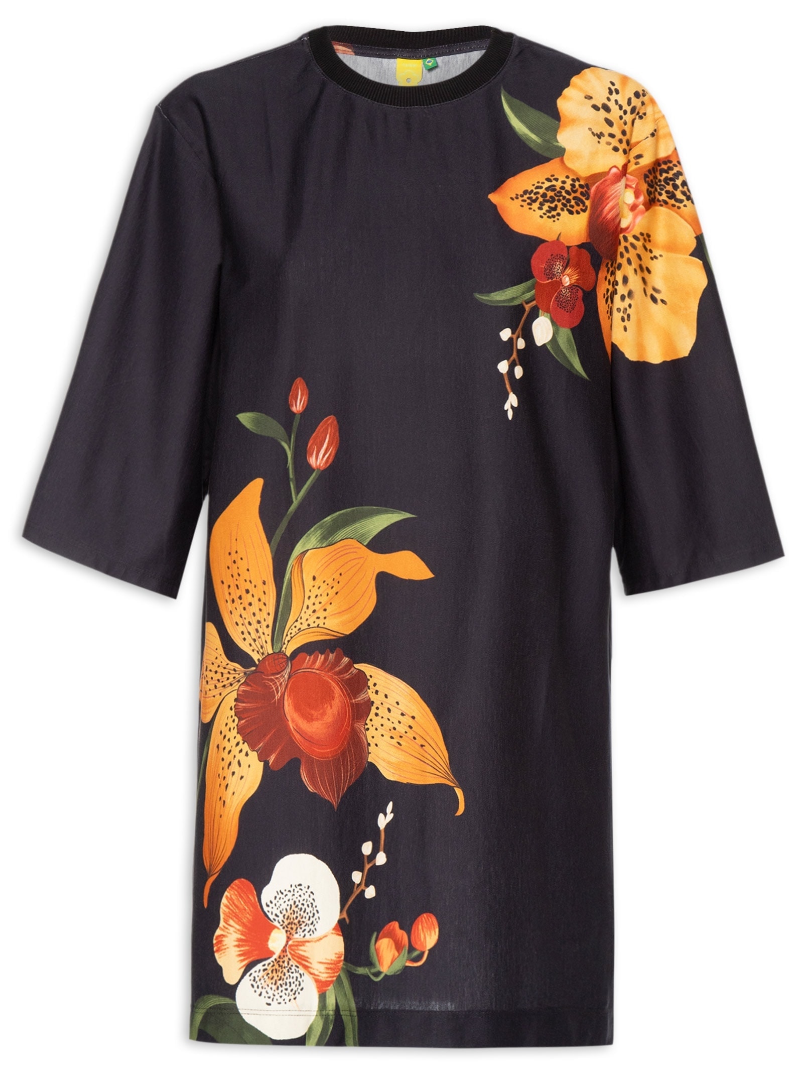 Vestido T-Shirt Big Selva De Flor Preto Farm