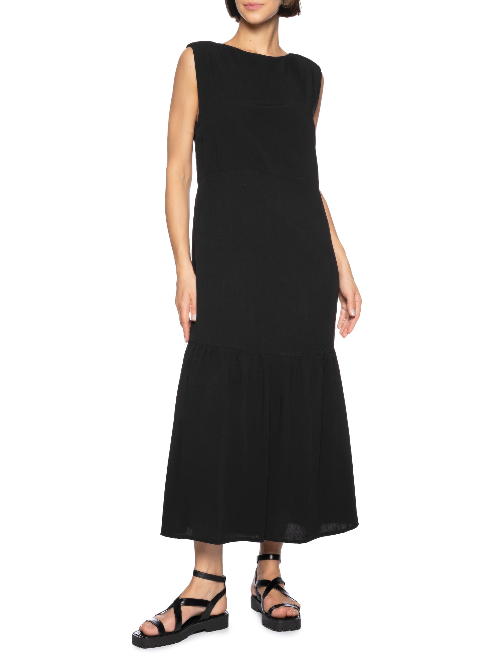 Vestido Textura Viscose Leve Preto Cantão
