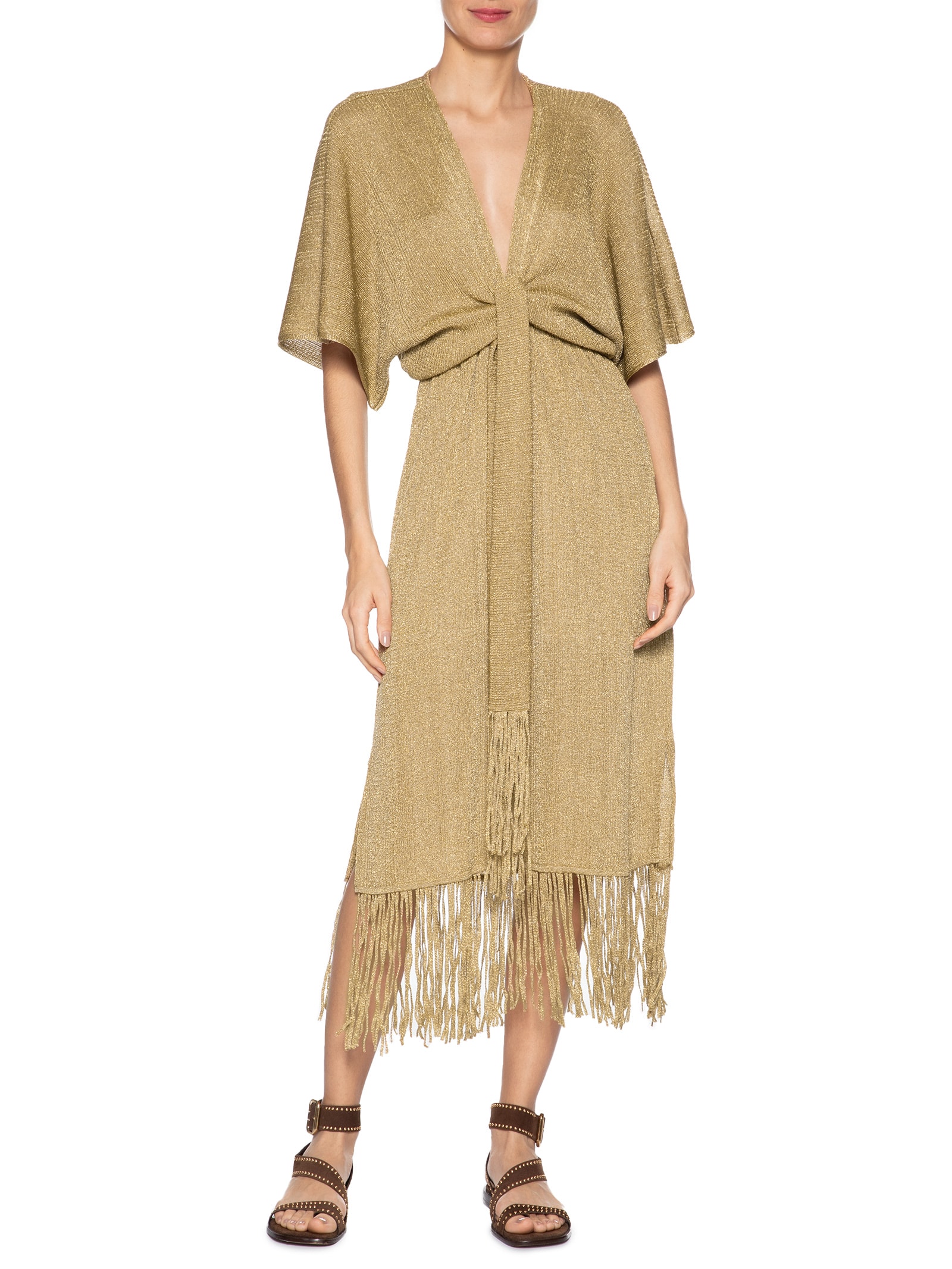 Vestido Tricot Franjas Amarração Dourado Maria Filó