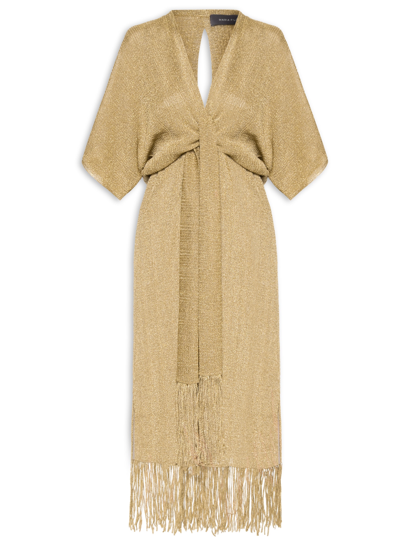 Vestido Tricot Franjas Amarração Dourado Maria Filó