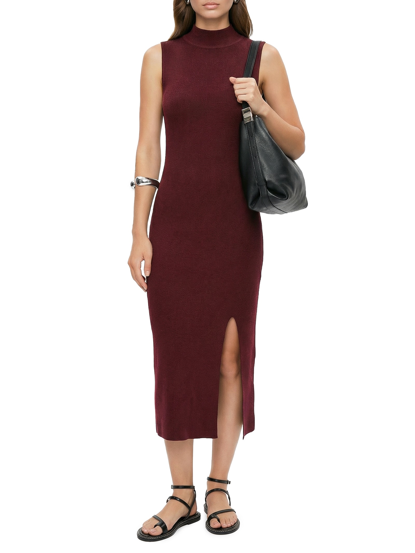 Vestido Tricot Gola Alta Com Fenda Vermelho Cacay