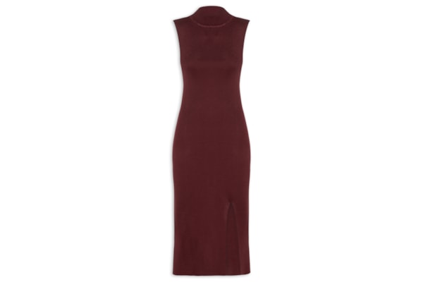 Vestido Tricot Gola Alta Com Fenda - Vermelho