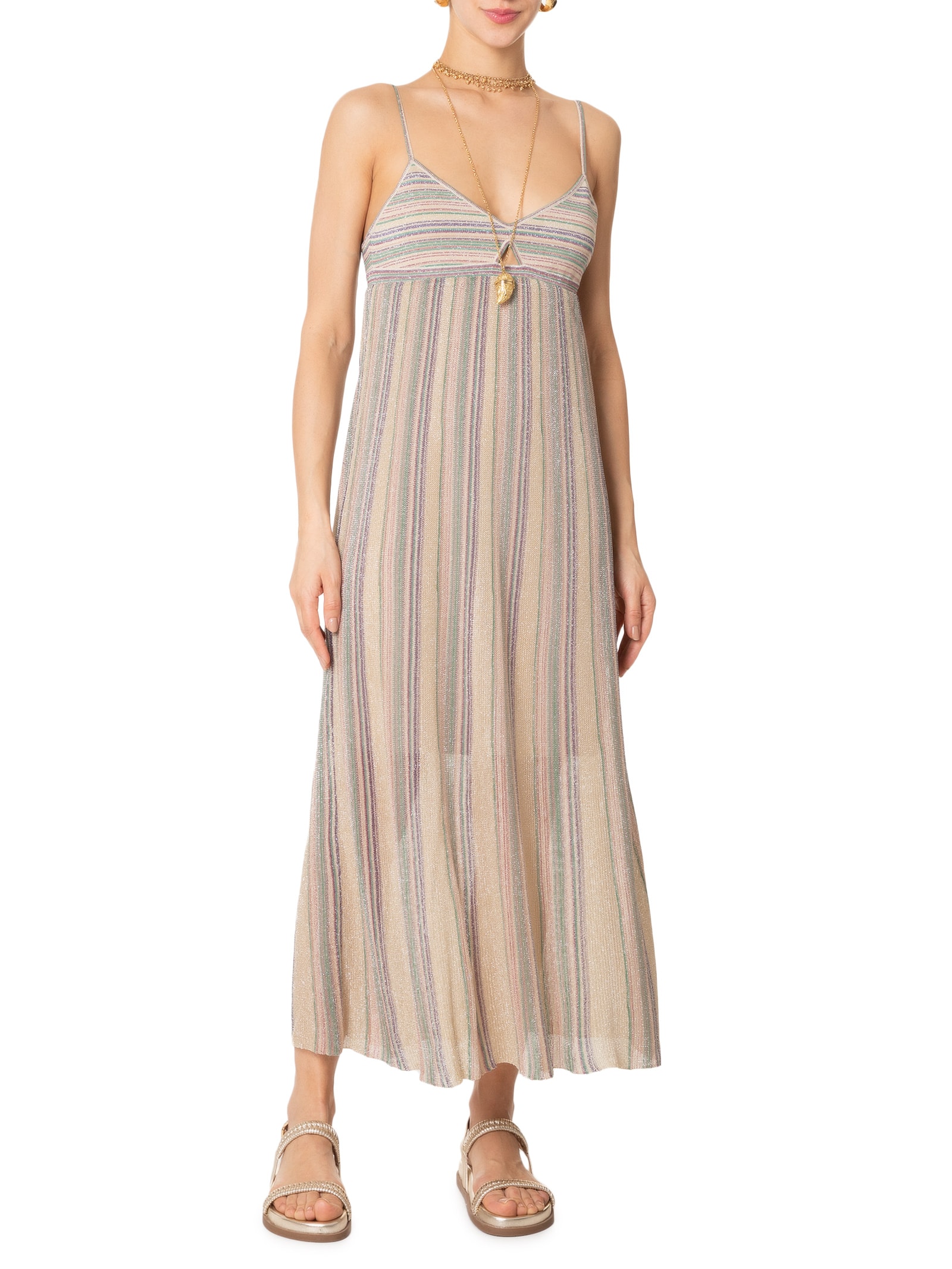 Maria Filó Vestido Tricot Lurex Listrado Bege