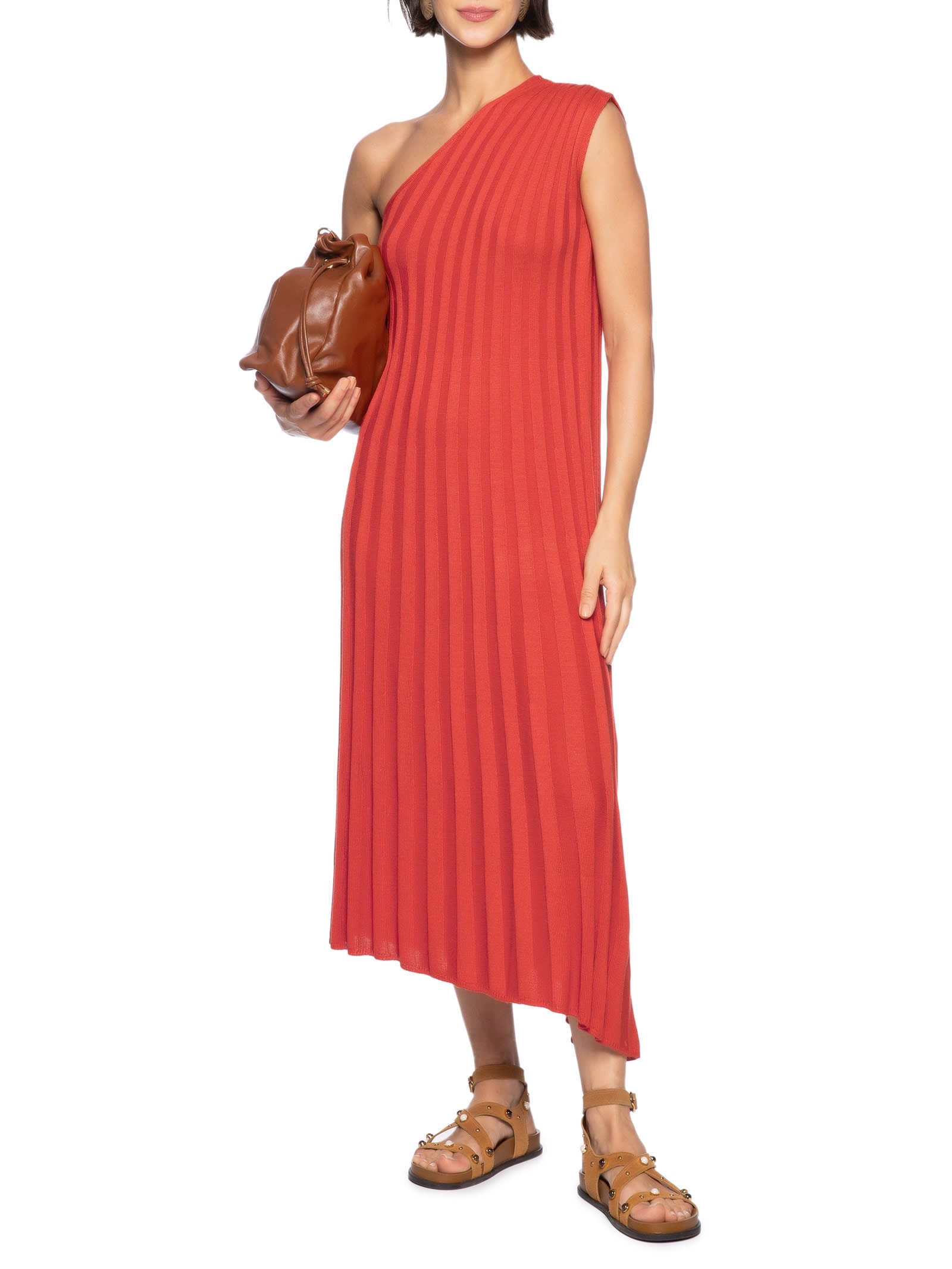 Vestido Tricot Plissado Assimétrico Vermelho Cantão