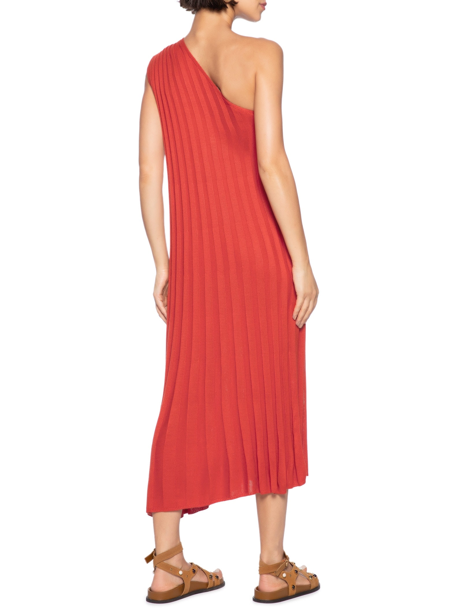 Vestido Tricot Plissado Assimétrico Vermelho Cantão
