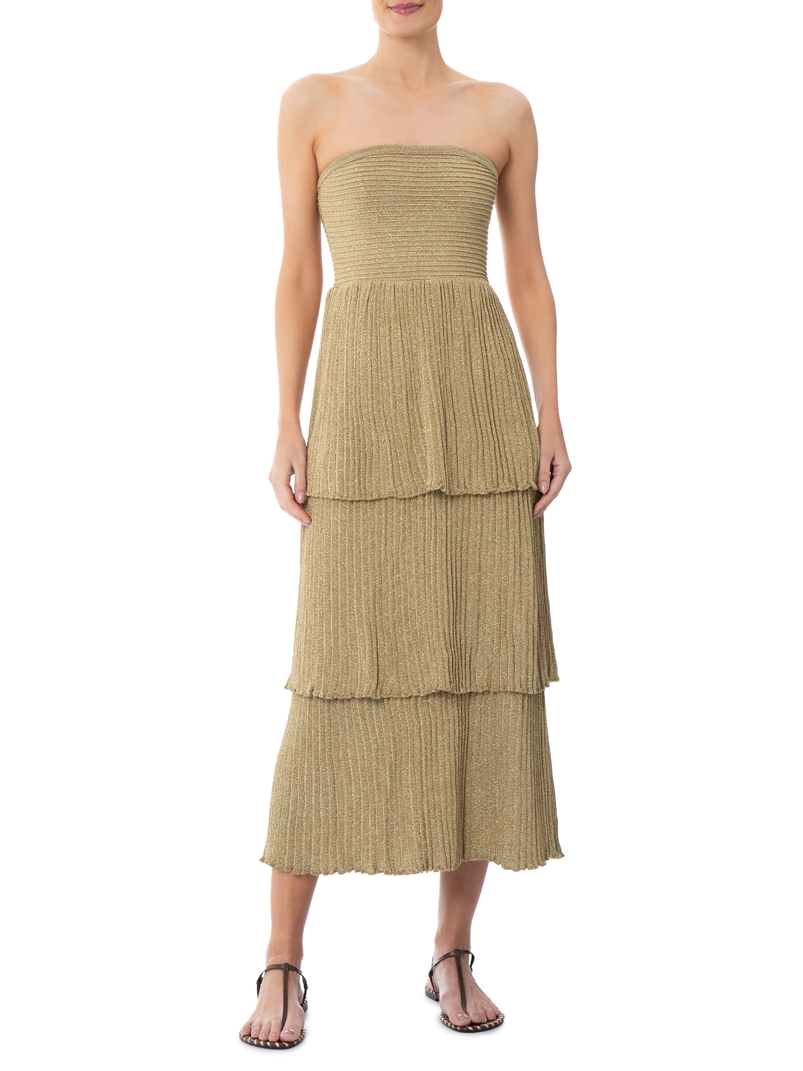 Vestido Tricot Sem Alça Babados Dourado Maria Filó