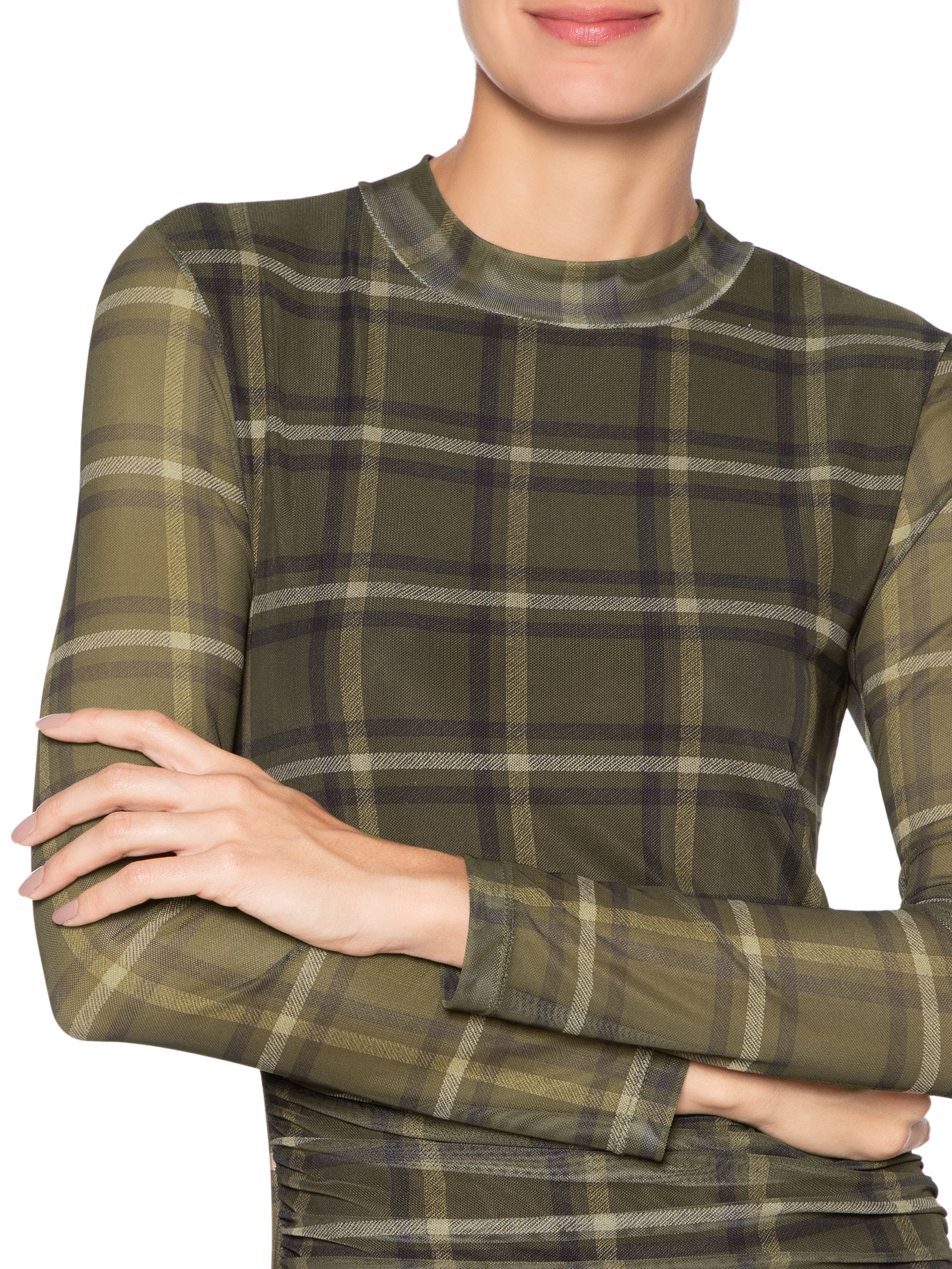 Vestido Tule Manga Longa Xadrez Verde Animale Jeans