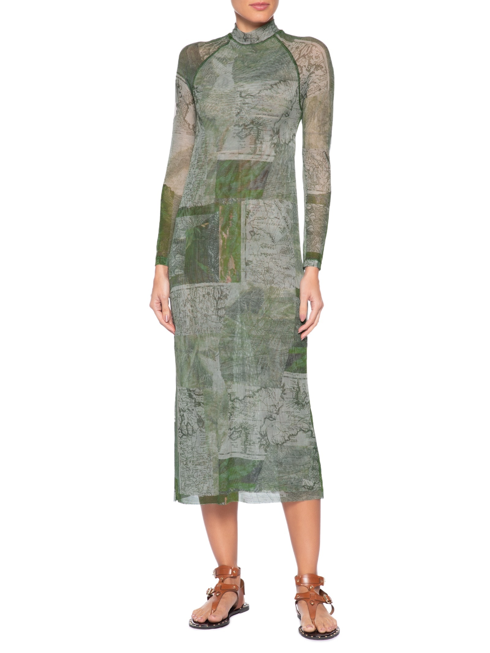 Vestido Tule Recortes Lenço Verde Animale