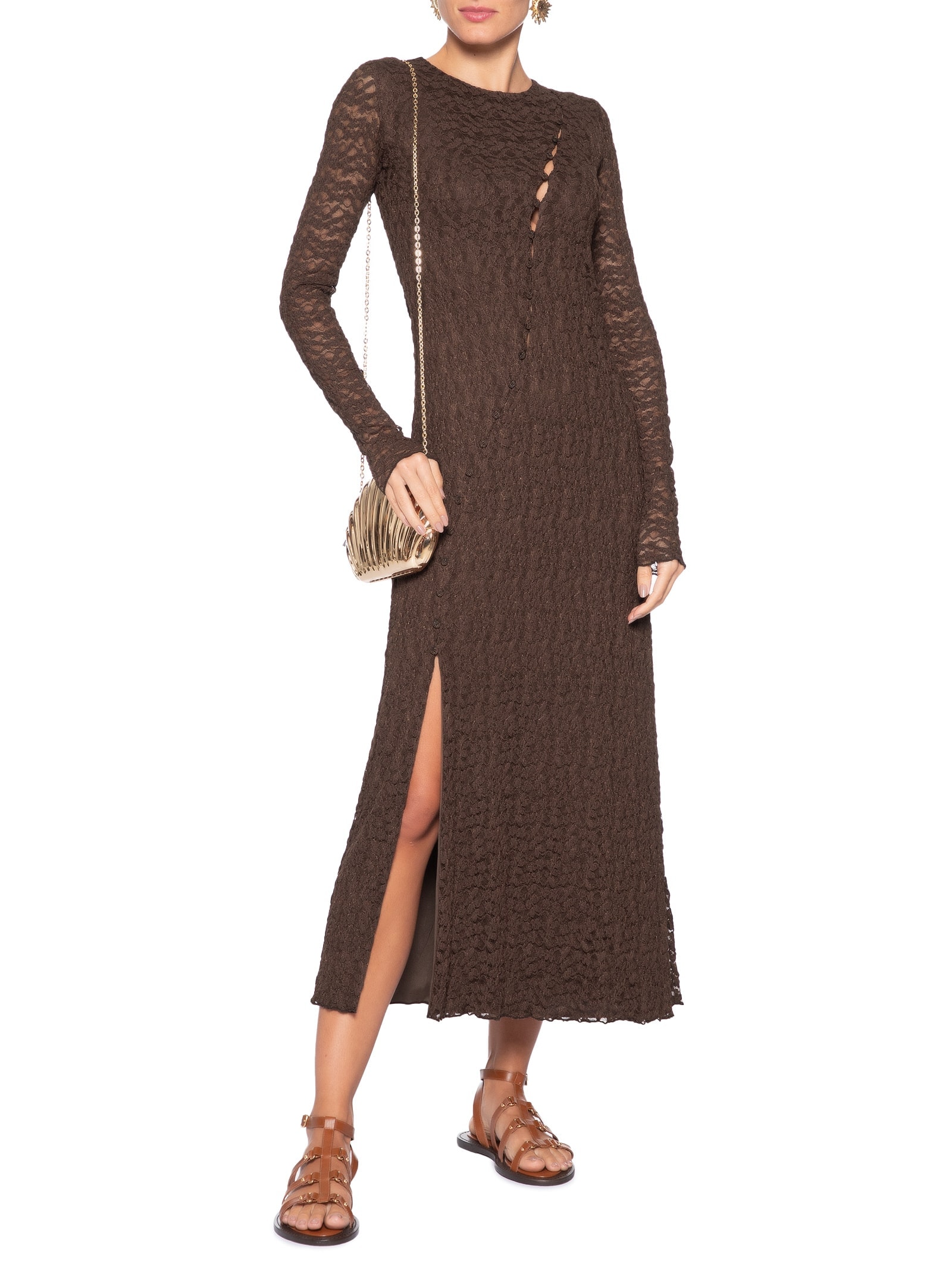 Vestido Túnica Botões Renda Marrom Farm