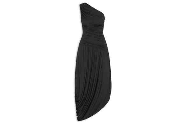 Vestido Um Ombro Só Com Drapeados Em Malha Jersey - Preto