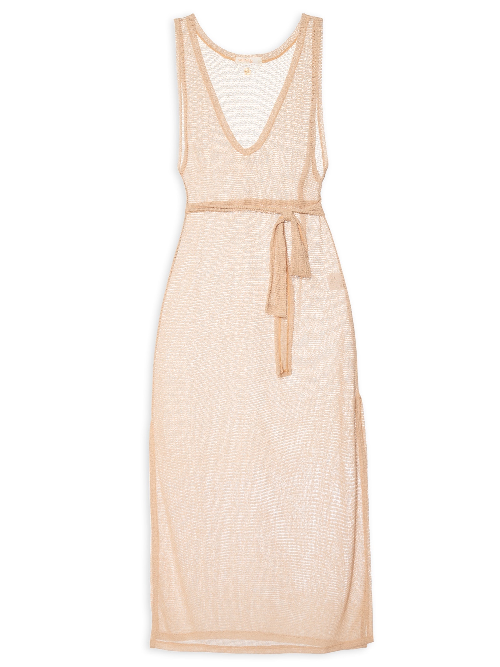 Vestido V Malha Crochet Bege Salinas