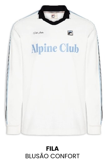 Blusão confort branco da marca Fila, de manga longa, com gola polo preta, listras laterais e a inscrição 'Alpine Club' em azul no peito.
