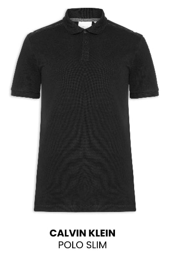 Camisa polo masculina de manga curta na cor preta, modelo slim da marca Calvin Klein, vista de frente.