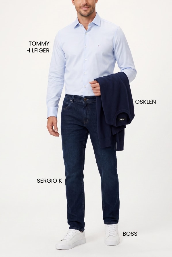 Look masculino social para escritório com camisa azul Tommy Hilfiger, calça jeans Sergio K e suéter Osklen