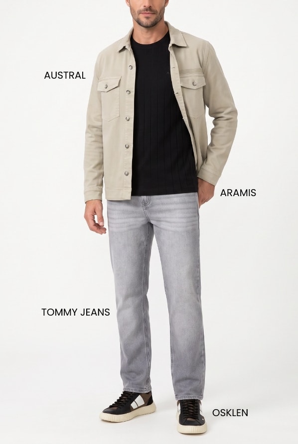 Look masculino casual para fim de semana com camiseta Aramis, calça cinza Tommy Jeans e jaqueta Austral.