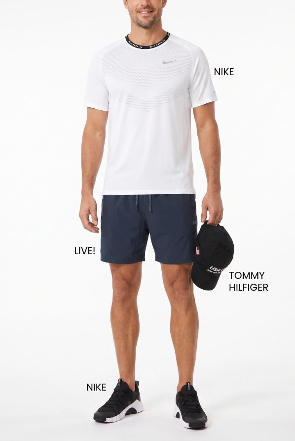 Look masculino de treino com camiseta branca Nike, shorts marinho Live! e boné Tommy Hilfiger