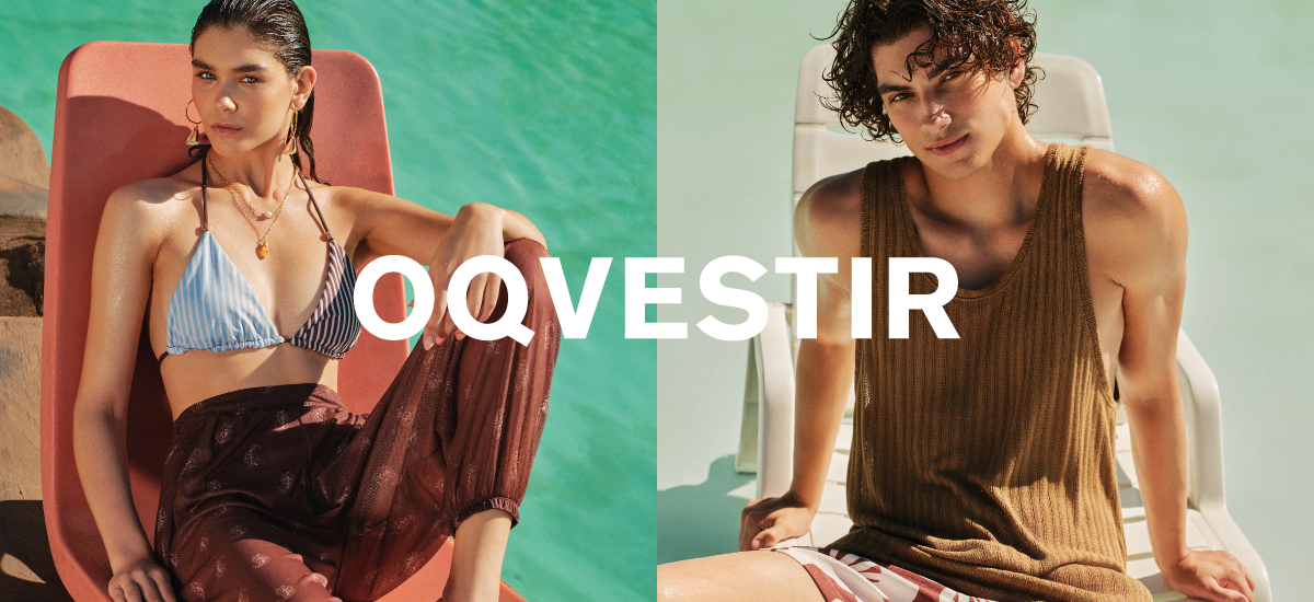 Banner do site OQVESTIR mostrando modelo feminina com biquíni listrado e calça fluida ao lado de modelo masculino com regata de tricot em cenário de piscina.
