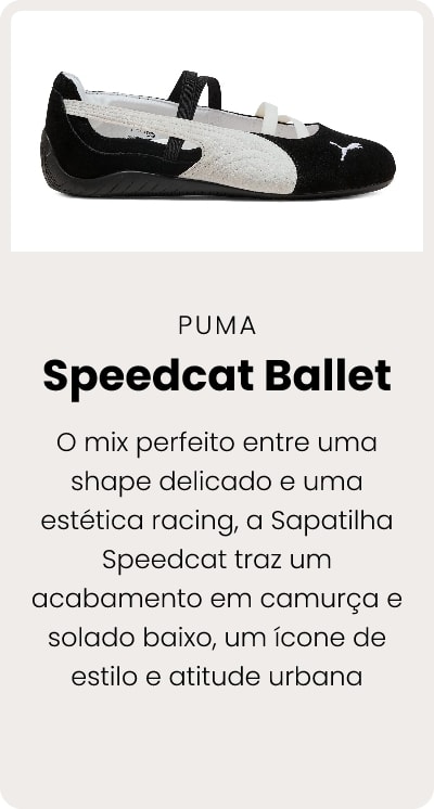 O mix perfeito entre uma shape delicado e uma estética racing, a Sapatilha Speedcat traz um acabamento em camurça e solado baixo, um ícone de estilo e atitude urbana.