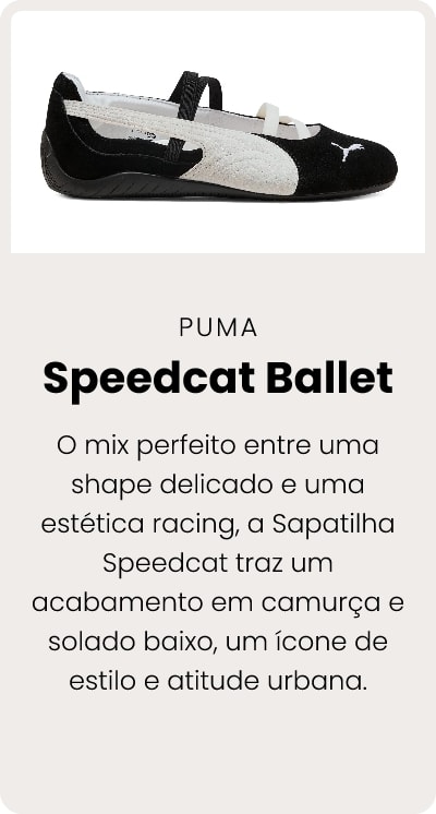 O mix perfeito entre uma shape delicado e uma estética racing, a Sapatilha Speedcat traz um acabamento em camurça e solado baixo, um ícone de estilo e atitude urbana.