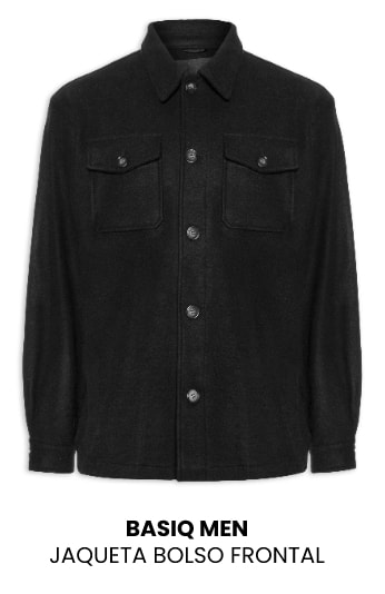 Jaqueta casual masculina Basiq Men em tom cinza escuro com fechamento por botões e dois bolsos frontais no peito.