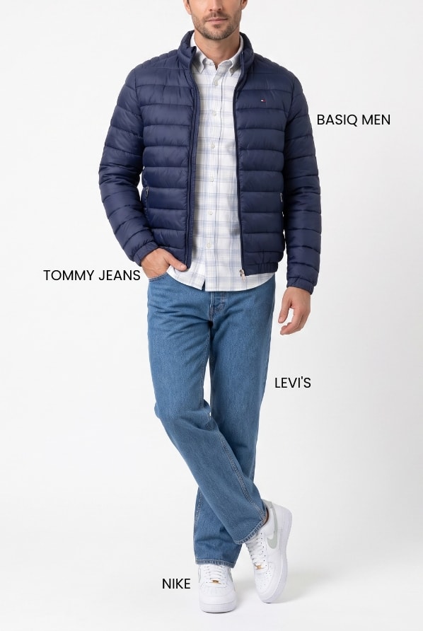 Look masculino estiloso para sair com jaqueta puffer Basiq Men, camisa Tommy Jeans e calça Levi's.