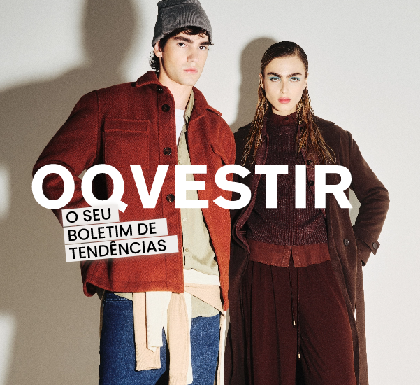 Banner mobile OQVESTIR com o texto O seu boletim de tendências, mostrando casal de modelos com looks sobrepostos de inverno em tons terrosos.