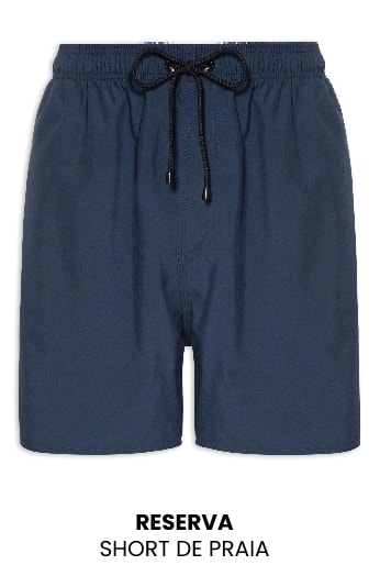 Short de praia liso na cor azul marinho da marca Reserva, com elástico e cordão preto de ajuste na cintura.