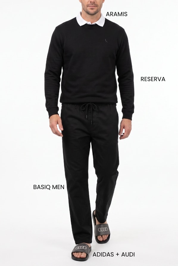 Look masculino confortável para home office com Suéter Reserva e gola Aramis, calça Basiq Men e chinelo