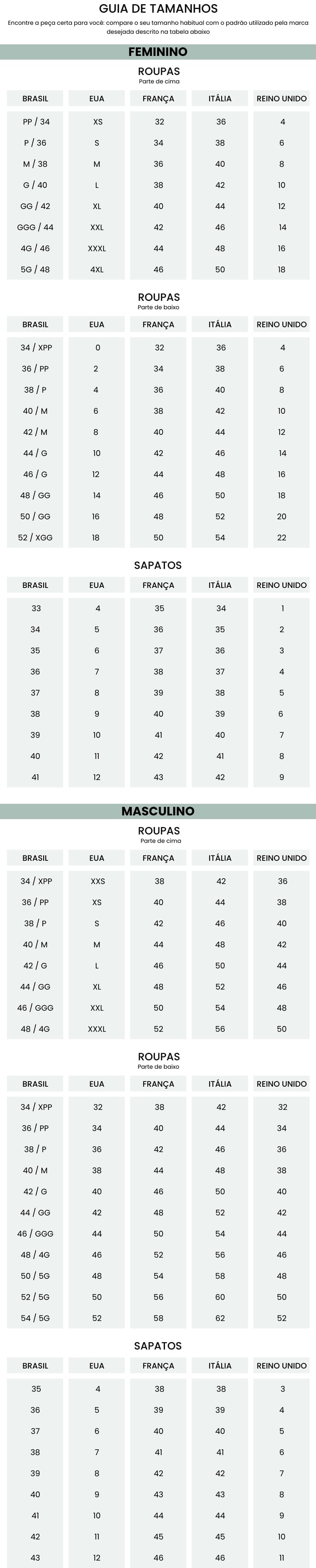 Tabela de tamanhos